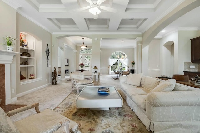 carpeted living room featuring coffered ceiling, decorative columns, arched walkways, crown molding, and beamed ceiling