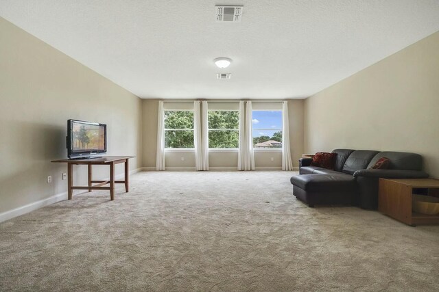 carpeted living area with visible vents, a textured ceiling, and baseboards