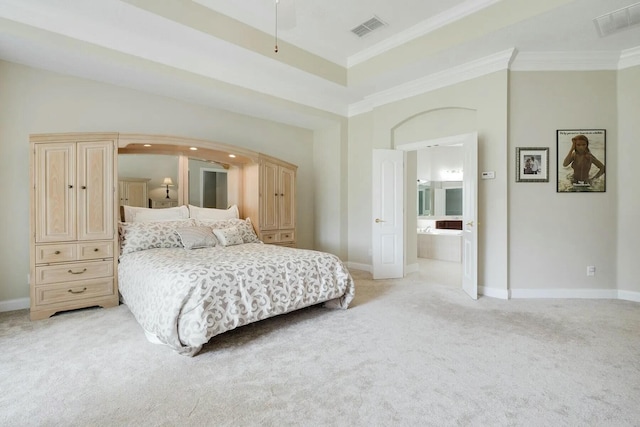 bedroom with visible vents, light carpet, baseboards, and ornamental molding