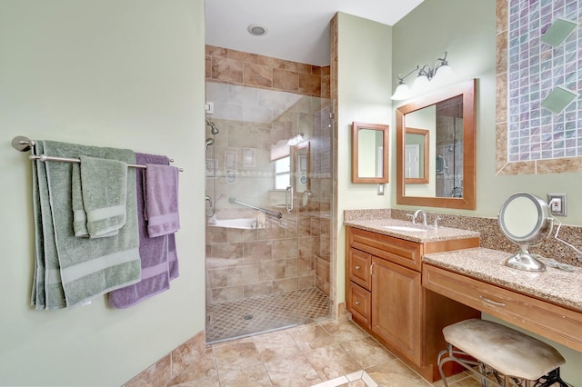 full bath with a shower stall, tile patterned flooring, and vanity