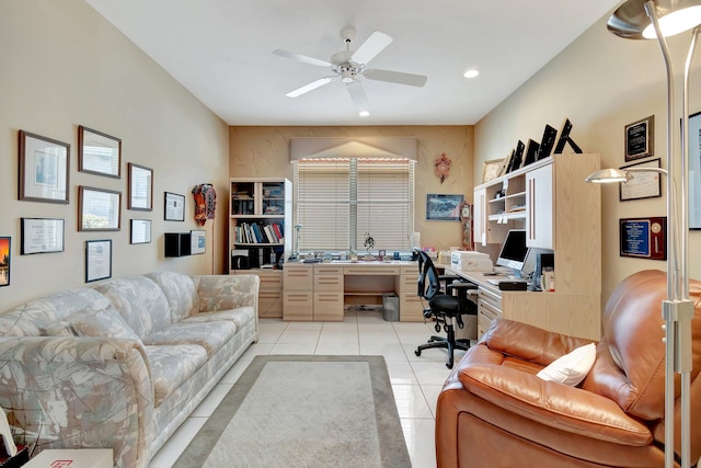 office featuring light tile patterned floors, a ceiling fan, and recessed lighting