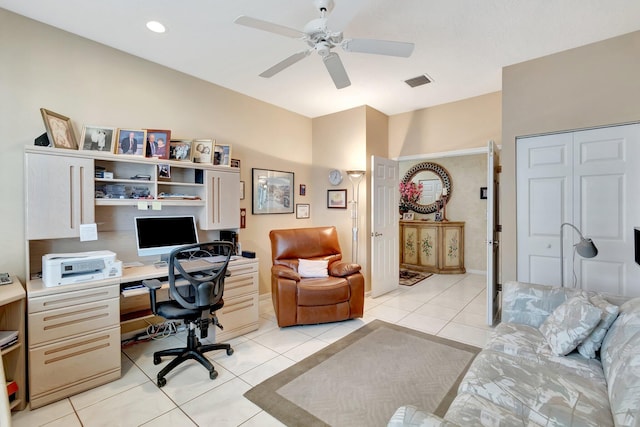 office space featuring light tile patterned floors, visible vents, a ceiling fan, and recessed lighting