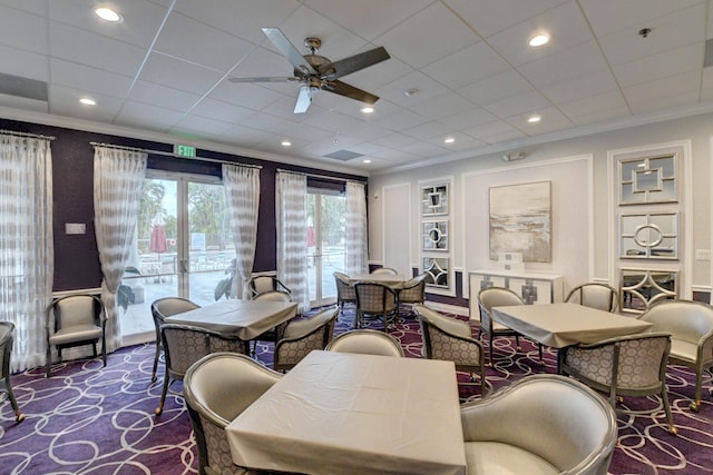 dining area featuring ceiling fan, crown molding, and recessed lighting