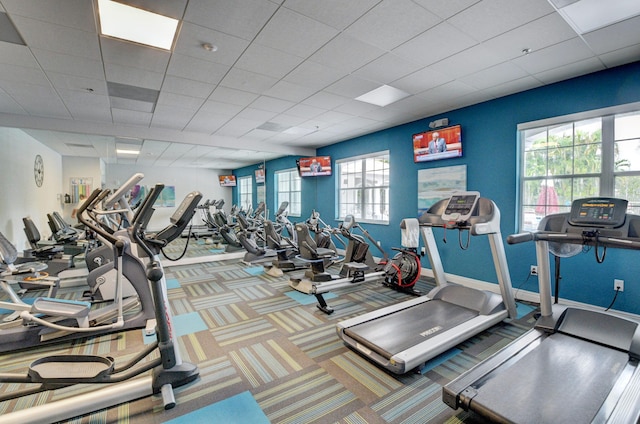 exercise room featuring carpet, a paneled ceiling, and baseboards