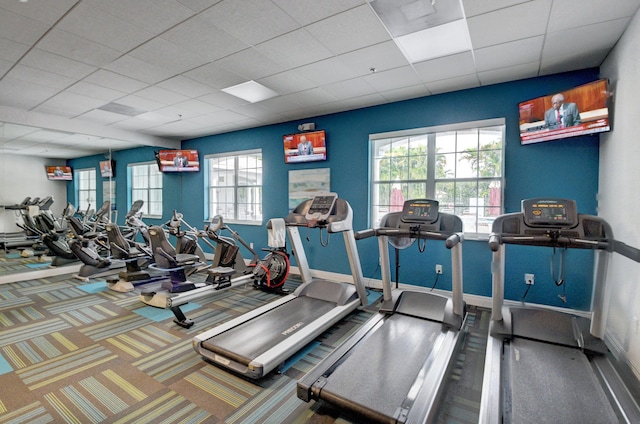 exercise room featuring a paneled ceiling, baseboards, and carpet flooring