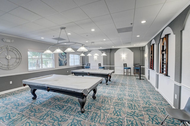 playroom with baseboards, pool table, recessed lighting, and crown molding