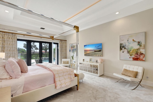 bedroom with carpet, access to outside, baseboards, and french doors