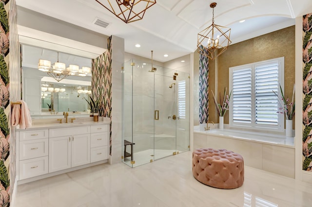 full bath featuring visible vents, a shower stall, vanity, and an inviting chandelier