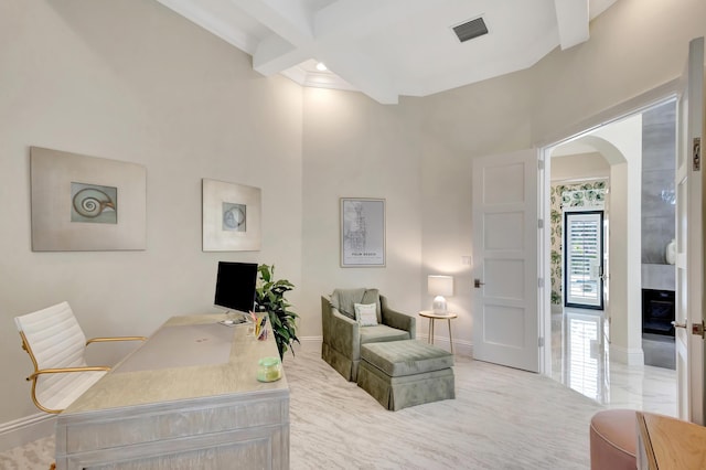 home office featuring baseboards, arched walkways, visible vents, coffered ceiling, and beamed ceiling