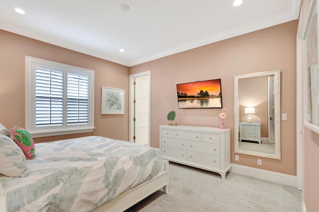 bedroom featuring light carpet, ornamental molding, recessed lighting, and baseboards