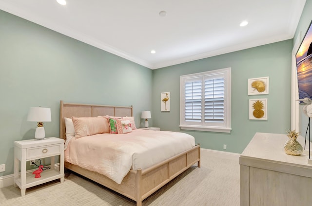 carpeted bedroom featuring baseboards, crown molding, and recessed lighting