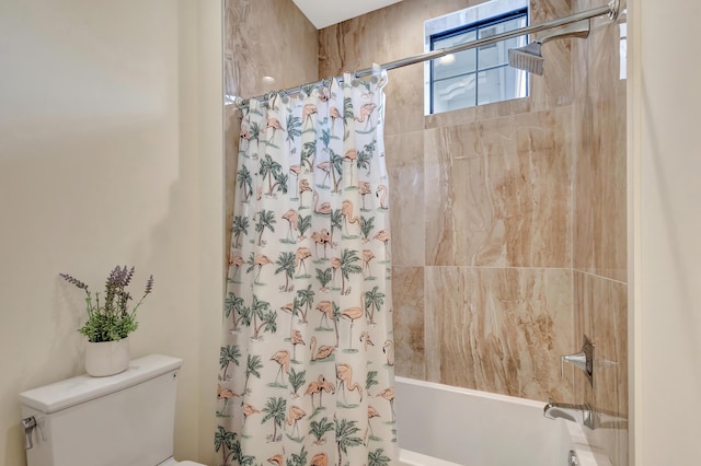 full bath with toilet and shower / bath combo with shower curtain