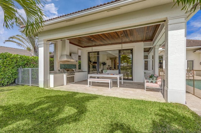 rear view of house with a yard, exterior kitchen, and a patio area