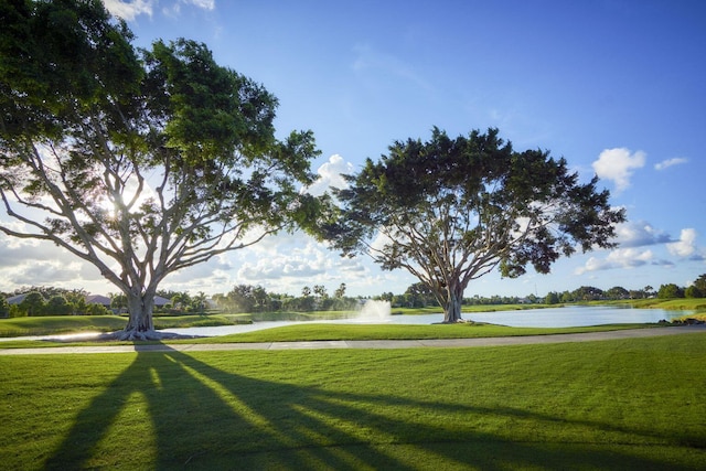 view of home's community featuring a water view and a yard