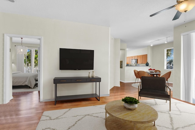 living room with baseboards, a ceiling fan, and light wood-style floors