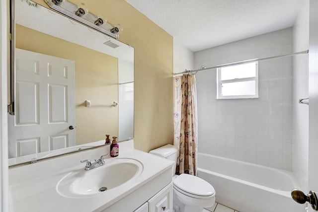 full bathroom with shower / bath combination with curtain, visible vents, toilet, a textured ceiling, and vanity