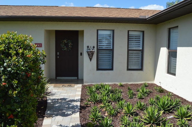 view of exterior entry featuring stucco siding and roof with shingles