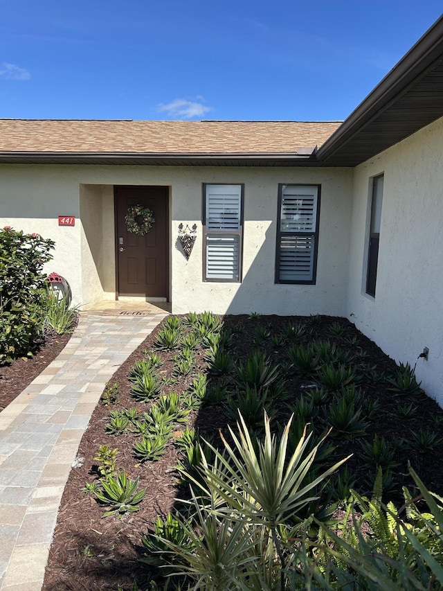 property entrance featuring stucco siding and roof with shingles