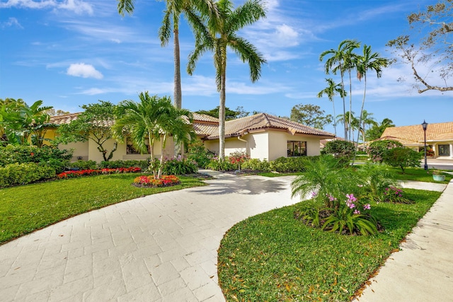 mediterranean / spanish house featuring decorative driveway, a tile roof, a front lawn, and stucco siding