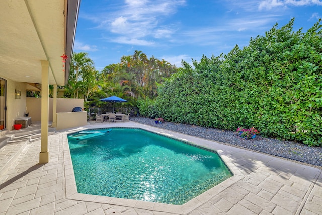 view of swimming pool with a fenced in pool, a patio area, and fence