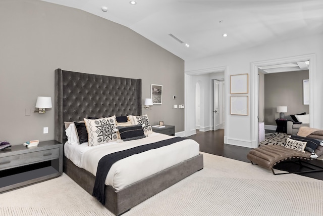 bedroom featuring recessed lighting, visible vents, vaulted ceiling, and baseboards