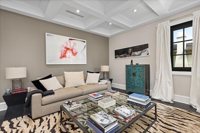 living area with beamed ceiling, coffered ceiling, and baseboards