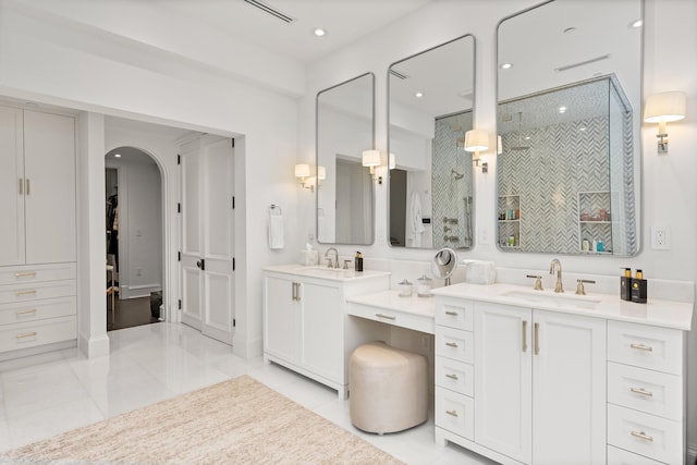 full bath with recessed lighting, a closet, a shower stall, and vanity