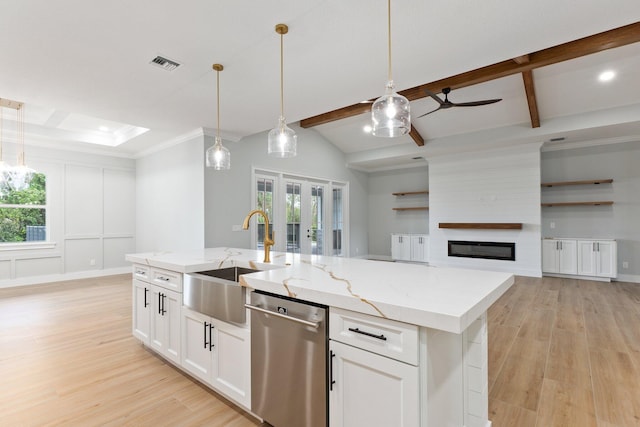 kitchen featuring decorative light fixtures, visible vents, white cabinetry, an island with sink, and dishwasher