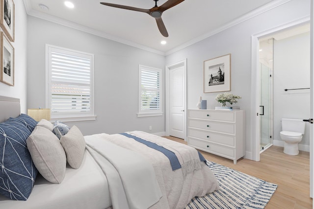 bedroom featuring ornamental molding, light wood-type flooring, recessed lighting, and baseboards