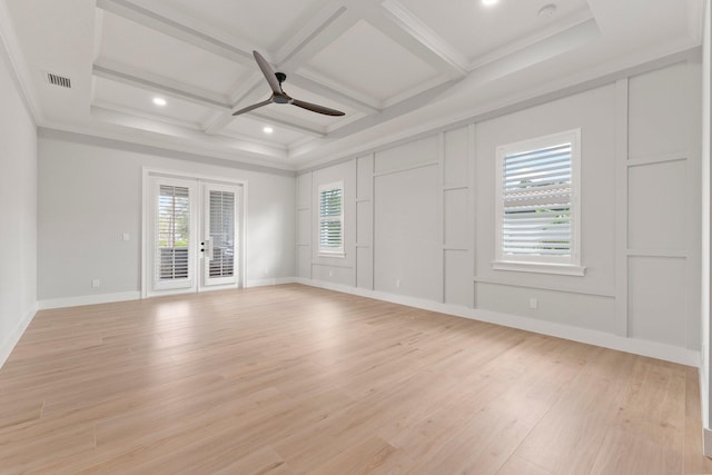 unfurnished room featuring visible vents, coffered ceiling, a ceiling fan, light wood-style flooring, and french doors