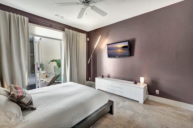 bedroom featuring access to exterior, ceiling fan, and baseboards