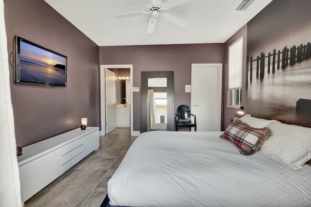 bedroom featuring a ceiling fan, visible vents, and ensuite bath