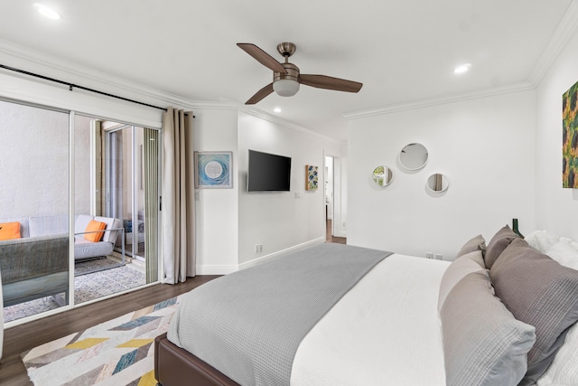 bedroom with ornamental molding, recessed lighting, baseboards, and wood finished floors