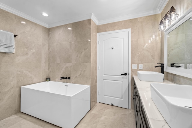 bathroom with marble finish floor, double vanity, a sink, and tile walls