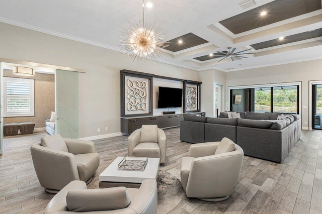 living room featuring light wood-style floors, coffered ceiling, and an inviting chandelier