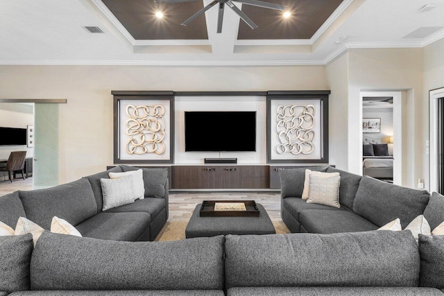 living room featuring ornamental molding, beam ceiling, coffered ceiling, and visible vents