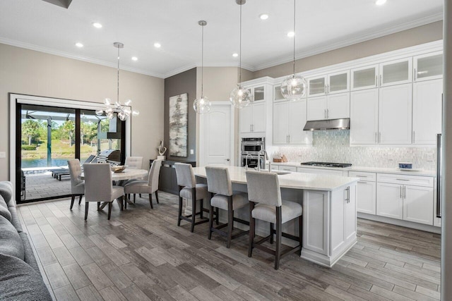 kitchen featuring stainless steel appliances, light countertops, glass insert cabinets, white cabinetry, and under cabinet range hood