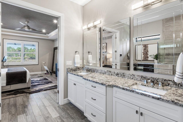 bathroom with wood finished floors, a tray ceiling, a sink, and connected bathroom