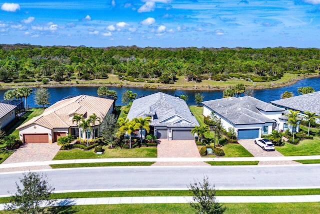 drone / aerial view with a water view