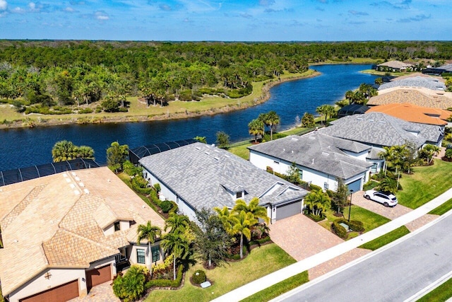 bird's eye view with a water view and a view of trees