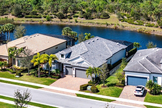 drone / aerial view featuring a water view