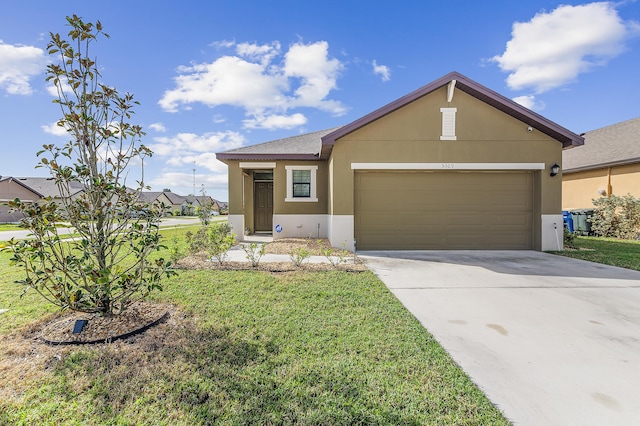 ranch-style home featuring concrete driveway, a front lawn, an attached garage, and stucco siding