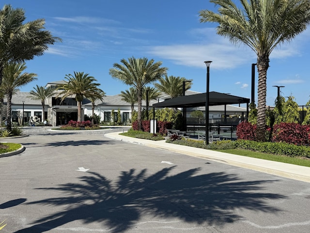 view of street with street lighting, curbs, and sidewalks