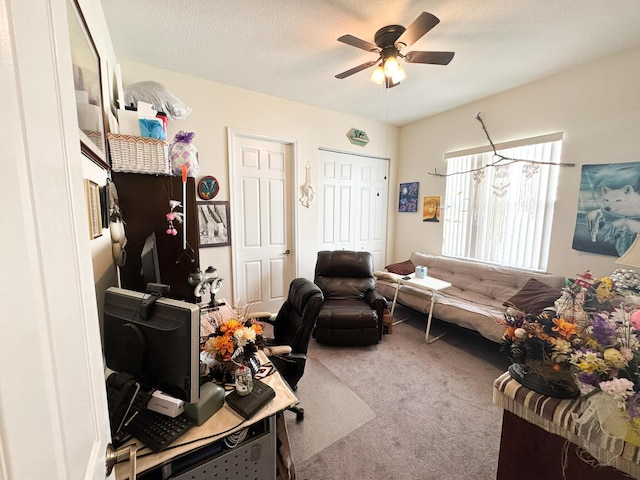 office space with carpet, a ceiling fan, and a textured ceiling