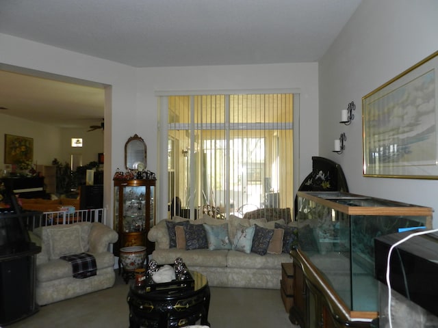 living area with carpet and ceiling fan