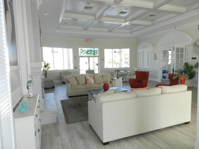 224 NW Pleasant Grove Way, Port Saint Lucie, FL 34986 - living room with crown molding, light wood-type flooring, coffered ceiling, and beam ceiling