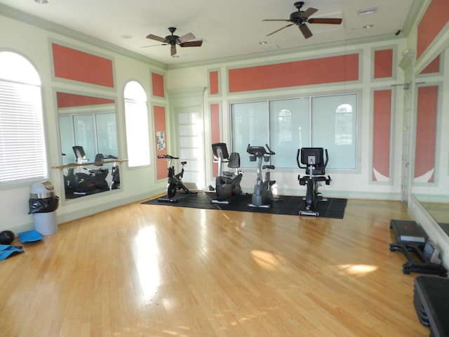 exercise room featuring ceiling fan, crown molding, baseboards, and wood finished floors