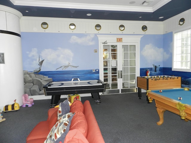 224 NW Pleasant Grove Way, Port Saint Lucie, FL 34986 - rec room featuring visible vents, ornamental molding, pool table, french doors, and carpet flooring