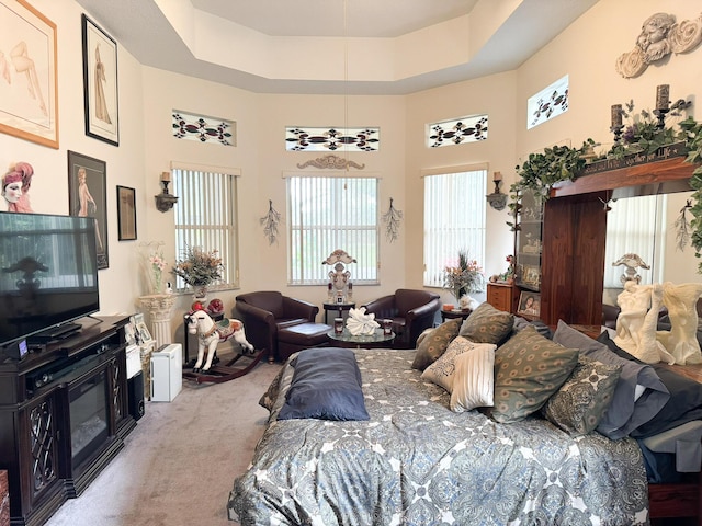 224 NW Pleasant Grove Way, Port Saint Lucie, FL 34986 - bedroom featuring a raised ceiling, carpet, and a towering ceiling