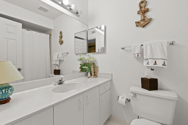 full bathroom with toilet, visible vents, and vanity